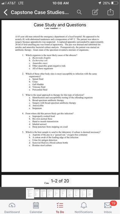 26% -), AT&T LTE 10:08 AM Capstone Case Studies.. Case Study and Questions A 65-year old man entered the emergency department