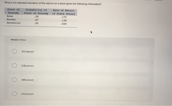 What is the standard deviation of the returns on a stock given the following information? State of Economy Boom Normal Recess