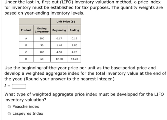 Under the last-in, first-out (LIFO) inventory valuation method, a price index for inventory must be established for tax purpo