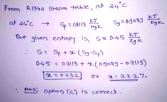 From R134a steam table, at 24°c IT LE at 24c Sf 303113 KJ legk Sg=0.9089 S = 0.45 kgi But given entropy is, S= Sq + x (Sg-SA)