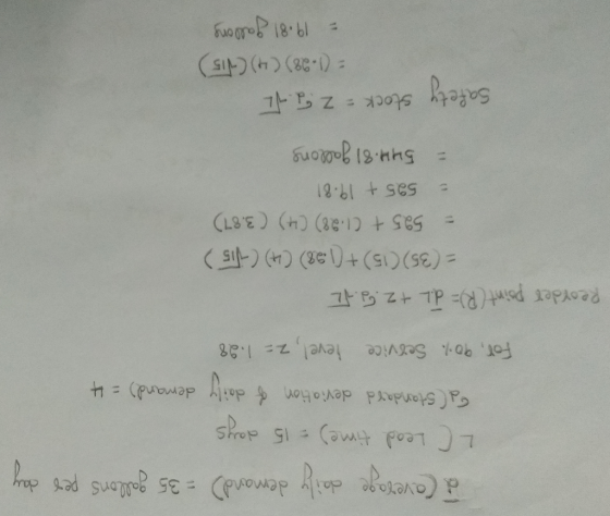 -Coverage daily demand) :35 gol0ons pes L C Lead time) 15 as (Standard deviation daily demand): 4 for, 9에 evel.Z: Service /.a