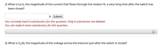 2) What is 1), the magnitude of the current that flows through the resistor R1 a very long time after the switch has been clo