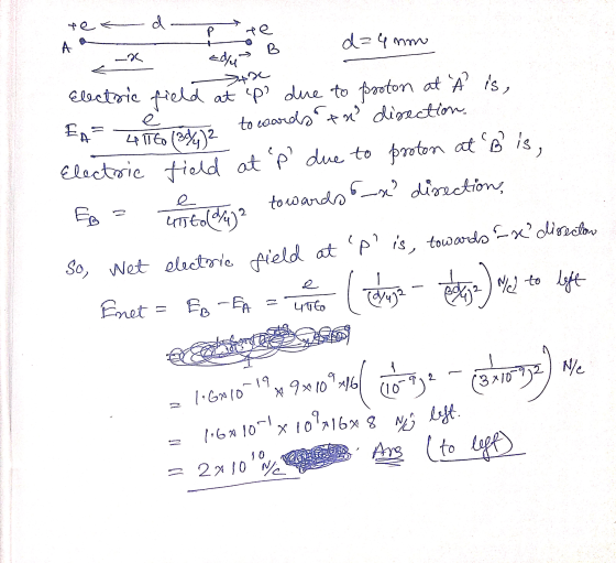pe d P pe d = 4 mm A B -X Edry Dare e Electric field at ip due to proton at ☆ is, EA 416 (3%)2 towards the direction Electri
