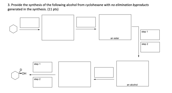 3. Provide the synthesis of the following alcohol from cyclohexane with no elimination byproducts generated in the synthesis.