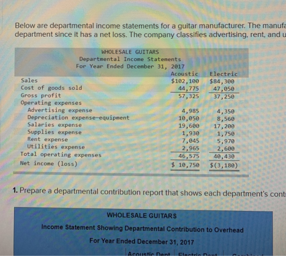 Below are departmental income statements for a guitar manufacturer. The manufa department since it has a net loss. The compan