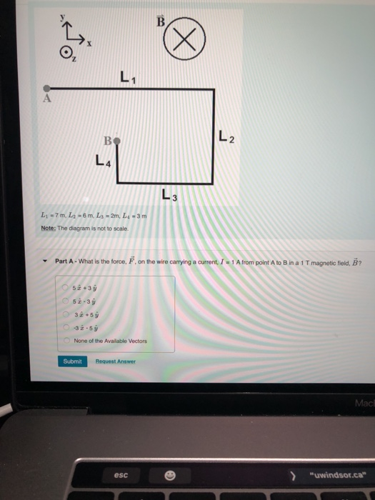 L4 Li-7m. L2 = 6m. L3 = 2m, L.-3m Note: The diagram is not to scale. Part A - What is the force, F. on the wire carrying a cu