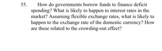 How do governments borrow funds to finance deficit spending? What is likely to happen to interest rates in the market? Assuming flexible exchange rates, what is likely to happen to the exchange rate of the domestic currency? How are these related to the crowding-out effect? 55.
