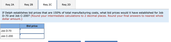 Req 2A Req 2B Req 20 Req 2D If Delph establishes bid prices that are 150% of total manufacturing costs, what bid prices would