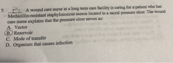 7. A wound care nurse at a long term care facility is caring for a patient who has Methicillin-resistant staphylococcus aureu