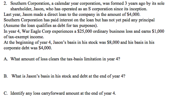2. Southern Corporation, a calendar year corporation, was formed 3 years ago by its sole shareholder, Jason, who has operated
