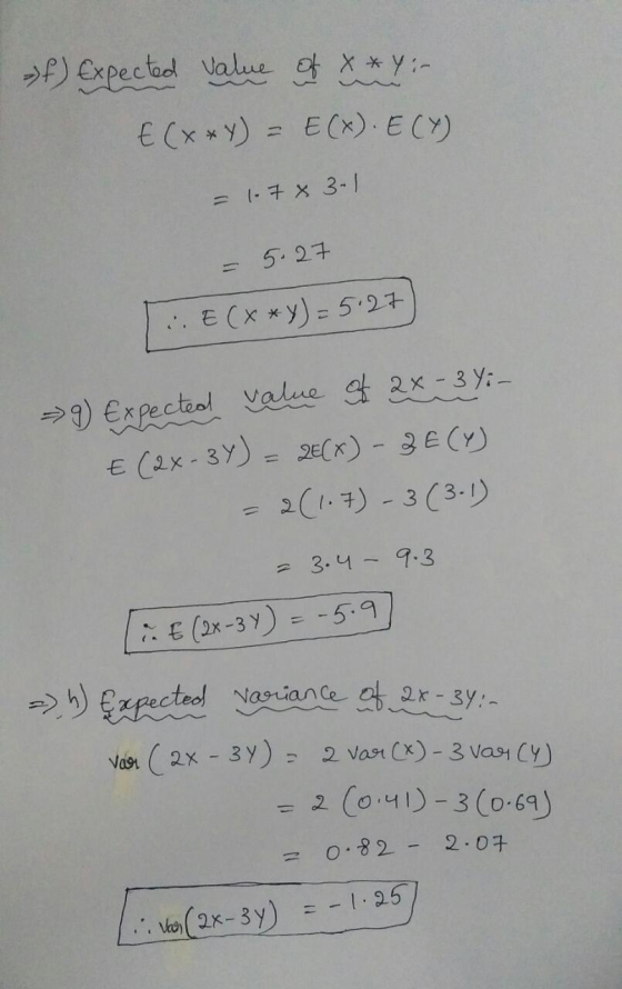 f Expectod Vaue ef xy E CxY) E (x) ECY) 11 = 17 x 3- 1 5. 27 E (x *y)- 5.27 Expecteolvalue f 2x-3 y; E C2x-3Y)- 2(K)- 3E(Y) 1