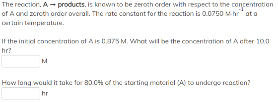 The reaction, A → products, is known to be zeroth order with respect to the concentration of A and zeroth order overall. The