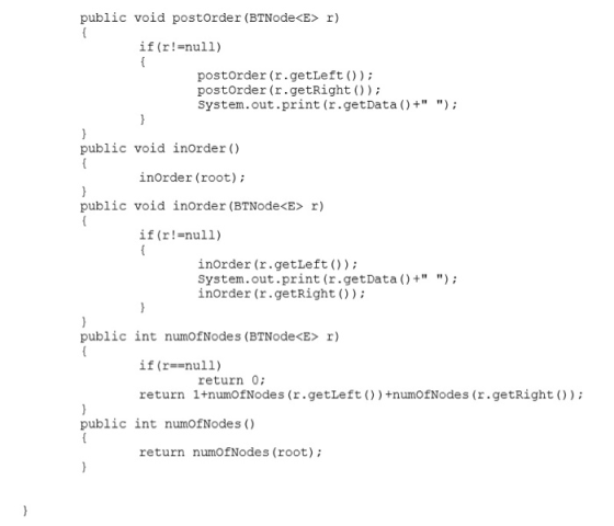 public void postorder (BTNode<E> r) if (r!=null) postorder (r.getLeft()); postorder (r.getRight()); System.out.print (r.getDa