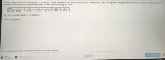 A small country consists of five states (A, B, C, D, and E). The total population is 12.1 million. According to the constitut