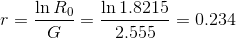 r=\frac{\ln R_{0}}{G}=\frac{\ln 1.8215}{2.555}=0.234