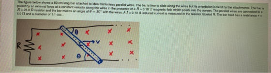 The figure below shows a 50 cm long bar attached to ideal frictionless parallel wires. The bar is free to slide along the wir