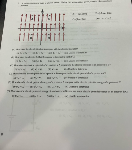 1. A uniform electric field is shown below. Using the information given, answer the questions shown fai il lof lll c-(1m,2m)