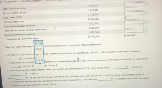33: Assignment - Financial Statements, Less: Interest expense s Pre-tax income (or EBT) Less: Taxes (25%) Earnings after taxe