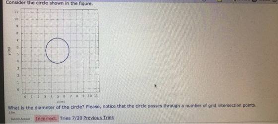 Consider the circle shown in the figure. 10 0 1 2 345 6789 10 11 x (m) What is the diameter of the circle? Please, notice that the circle passes through a number of grid intersection points. 3.8m Sumi Anawr Incorrect. Tries 7/20 Previous Tries