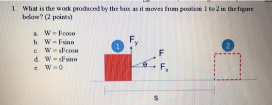 What is the work produced by the box as it moves from position 1 to 2 in the figure below? (2 points) W=Fcose b. W = Fsine c.
