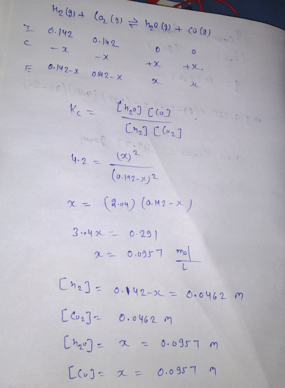 H2(g) + CO2(g) 0.142 0.142 - x x C 1₂0 (2) + Co (9) 0 0 x x 0.142-X 0.142-X X Kez Enzo] (co) - 1) [22] (lor] 4.2 = (x)? (0.14