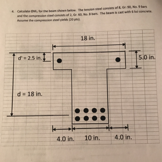 Calculate OM, for the beam shown below. The tension steel consists of 8, Gr. 90, No. 9 bars and the compression steel consist