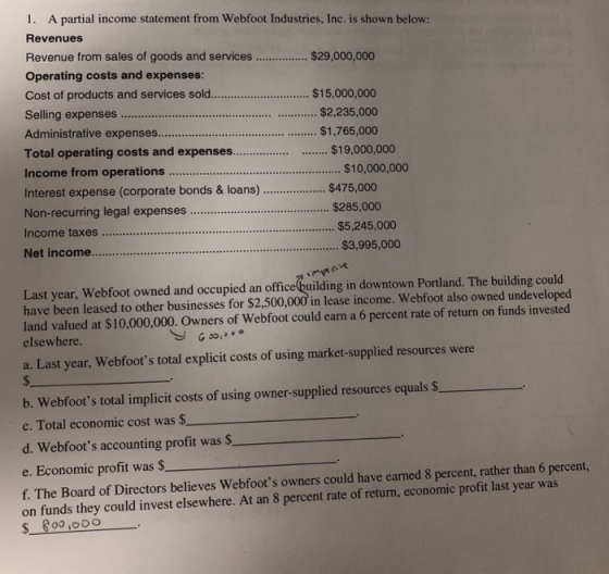 1. A partial income statement from Webfoot Industries, Inc. is shown below: Revenues Revenue from sales of goods and services