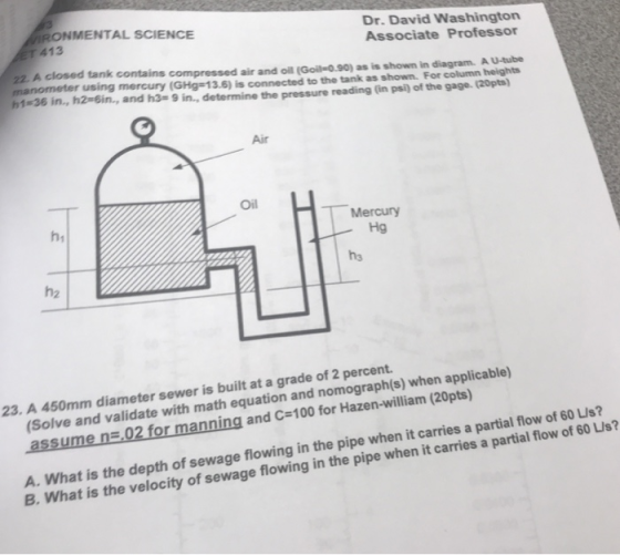 RONMENTAL SCIENCE 413 Dr. David Washington Associate Professor 22. A closed tank contains compressed air and oill (Goil-0.90)