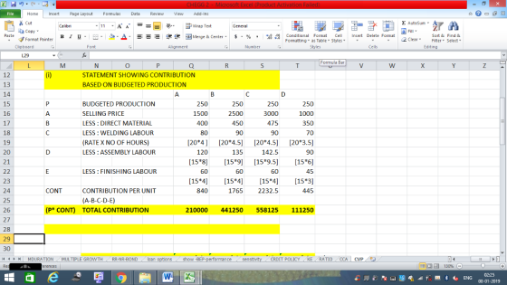 Home nert Page Layout Formulas Data Review View dd-Ins Cut Σ AutoSum ー E ゴWrap Text ta copy. B า 프 . Ej-., Δ. : r_一 逻锂函Merge & Center. $, % , 弼,8 Conditional Format CeInsert Delete Format Formatting, as Table w styles. ▼ ㆆ ▼ Sort &Find & 2 ClearFe Select Edting Format Painter Clipboard Alignment Number Cells Formula Bar 12 13 14 15 16 17 18 19 20 21 STATEMENT SHOWING CONTRIBUTION BASED ON BUDGETED PRODUCTION BUDGETED PRODUCTION SELLING PRICE ESS: DIRECT MATERIA ESS: WELDING LABOUR (RATE X NO OF HOURS) ESS: ASSEMBLY LABOUR 250 1000 350 70 [204] 020 4.5] [20 3.5] 250 1500 400 80 250 2500 450 90 250 3000 475 90 120 135 142.5 15*85915*9.5 15*6] ESS: FINISHING LABOUR 60 23 24 25 26 27 28 29 30 1 154]5415 4] 15 3] 445 CONT CONTRIBUTION PER UNIT (A-B-C-D-E) TOTAL CONTRIBUTION 840 1765 2232.5 (P* CONT) 210000 441250 558125 111250 | MDURATION MULTIPLE GROWTH , RR-NR-BOND , loan show -BEP CRDIT POLICY , KE / RATIO CCA I CVP 08-01-2019