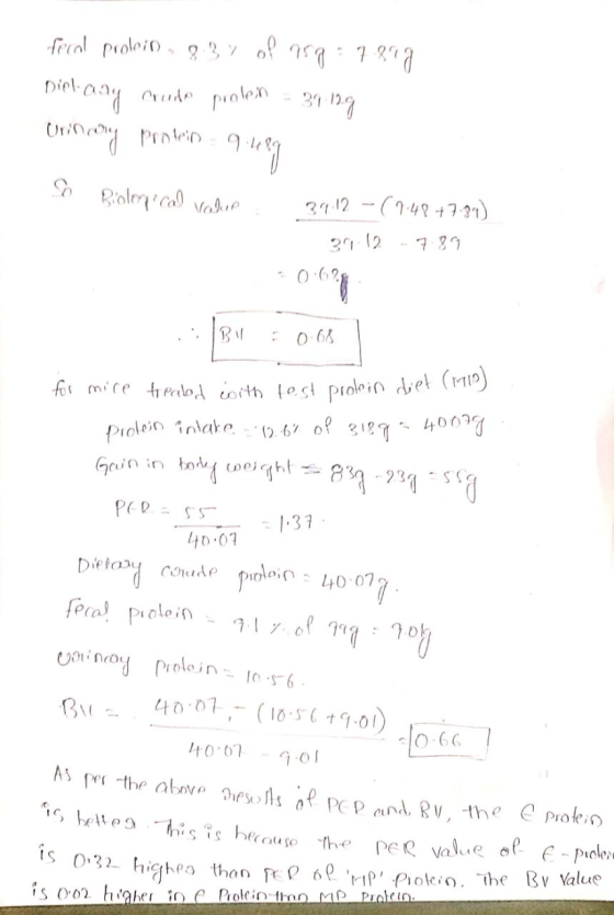 fecol proloin . g 37 of ara 7 899 Dietary crude prolen - 31.129 Urinary protein 9.489 Biological value 29.12 - (1.48 +7.81)
