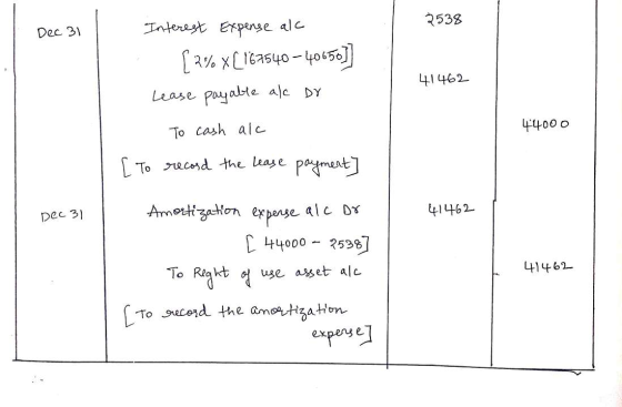 2538 Dec 31 41462 Interest Expense al [ 2% x_167540–40650]] Lease payable al or To cash alc [ To record the lease payment] 44