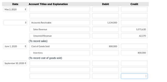 Date Account Titles and Explanation Debit Credit May 2, 2020 Accounts Receivable 1,134,000 Sales Revenue 1,071,630 Unearned R