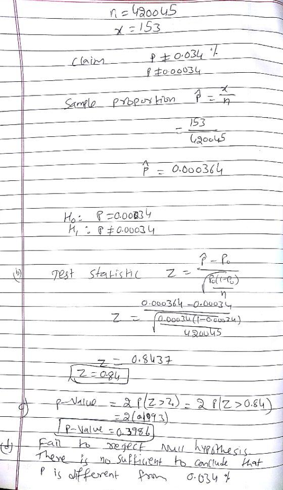 n=4200u5 2:153 Claim +0.034 7 BF000034 Sample proportion 8 = 1 / 3 153 کهانو) ☆ = 0.000364 P Hos H 0.00034 0.00034 P e Test P