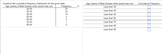 Construct the cumulative frequency distribution for the given data e (years) of Best Actress when award was won Cumulative Frequenc e (vears) of Best Actress when award was won Frequency 25 34 20-29 30-39 40-49 50-59 60-69 70-79 80-89 Less than 30 Less than 40 Less than 50 Less than 60 Less than 70 Less than 80 Less than 90