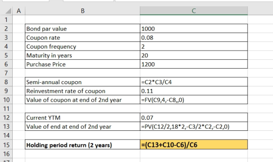 B Bond par value Coupon rate Coupon frequency Maturity in years Purchase Price 1000 0.08 2 20 1200 Semi-annual coupon Reinves