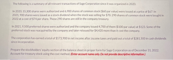 The following is a summary of all relevant transactions of Sage Corporation since it was organized in 2020. In 2020,15,300 sh