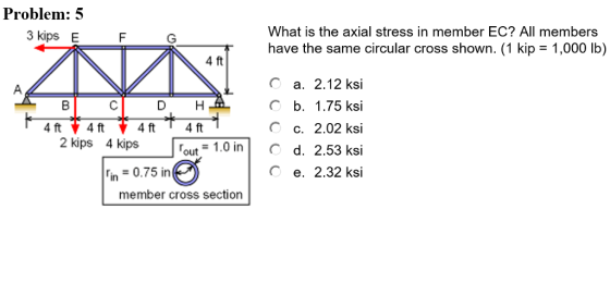 Problem: 5 3 kips E What is the axial stress in member EC? All members have the same circular cross shown. (1 kip- 1,000 lb)