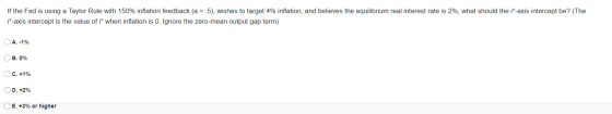If the Fed is using a Taylor Rule with 150% inflation feedback (a = 5), wishes to target 4% inflation, and believes the equil