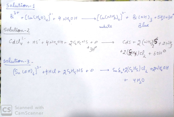 e solution 1 E ist + [Cu(Ho), } + 4 NHOH [Cu(NIH),] + Bi (OH)₂ +5H0+3+* solution 2 - white ди I cally +45 +4NHOH + QGHNS & D