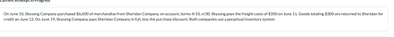 Current Allempl II Progress On June 10, Skysong Company purchased $6,600 of merchandise from Sheridan Company, on account, te