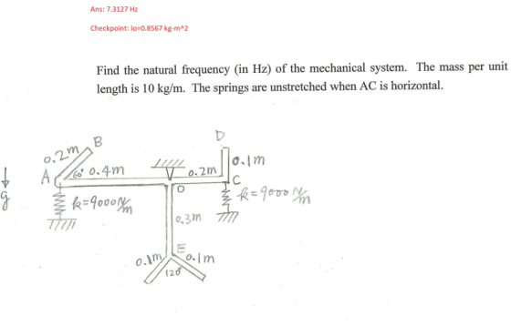 Ans: 7.3127 Hz Checkpoint: lo-0.8567 kg-mA2 Find the natural frequency (in Hz) of the mechanical system. The mass per unit length is 10 kg/m. The springs are unstretched when AC is horizontal. o.Im 0.4m o.2m 4000 Ti7T o,3m 12