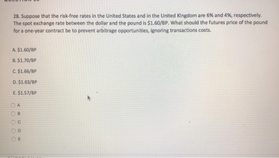 28. Suppose that the risk-free rates in the United States and in the United Kingdom are 6% and 4%, respectively. The spot exc