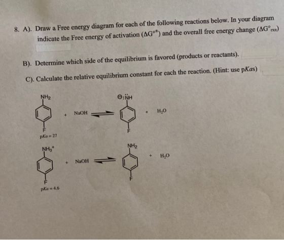 8. A). Draw a Free energy diagram for each of the following reactions below. In your diagram indicate the Free energy of acti