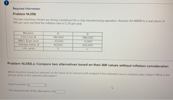 Required information Problem 14.056 The two machines shown are being considered for a chip manufacturing operation. Assume th