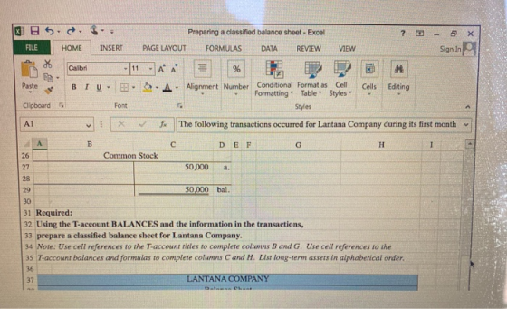 X X] B FILE - 6 Sign In . . HOME Calibri B T Preparing a classified balance sheet - Excel INSERT PAGE LAYOUT FORMULAS DATA RE