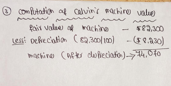 3 يہ ہہ ہہہہ computation of Calvins machine value fair value of machine - $82,300 lessé depreciation C82,3001100) -($58.230)