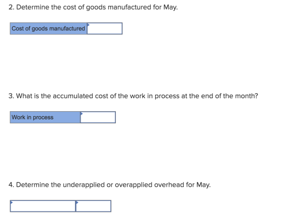 2. Determine the cost of goods manufactured for May. Cost of goods manufactured 3. What is the accumulated cost of the work i
