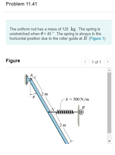 Problem 11.41 The uniform rod has a mass of 120 kg. The spring is unstretched when θ:45°. The spring is always in the horizon