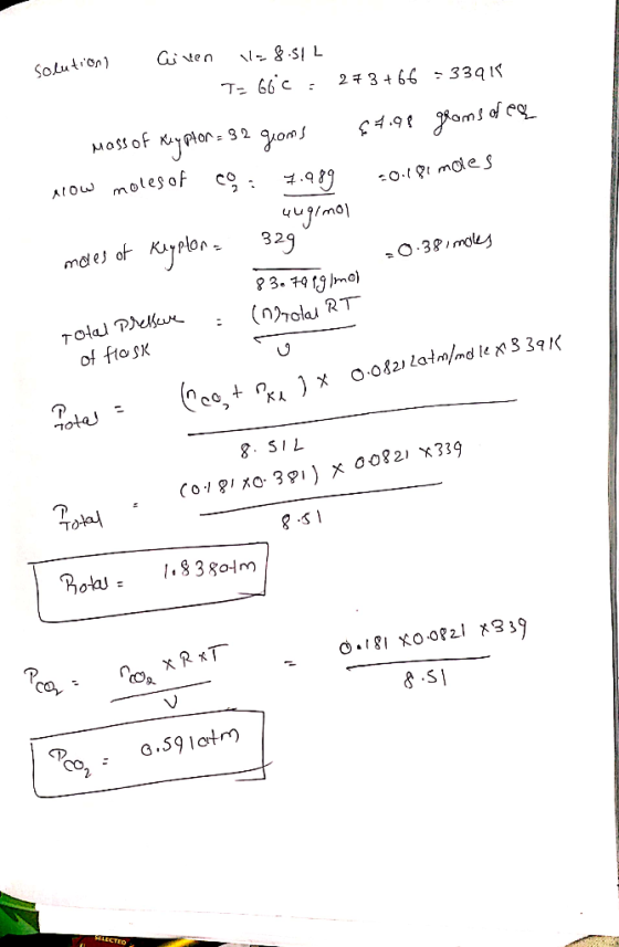 solutions Cisten = 8.51L T66c 2+3 +66 33415 mass of Keystor= 32 geams How moles of c9 : 7.989 64.98 grams of ea +0.181 mores