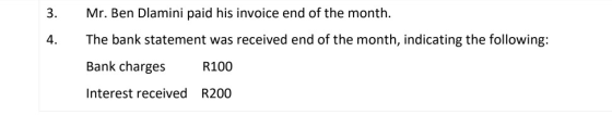 3. Mr. Ben Dlamini paid his invoice end of the month. 4. The bank statement was received end of the month, indicating the fol